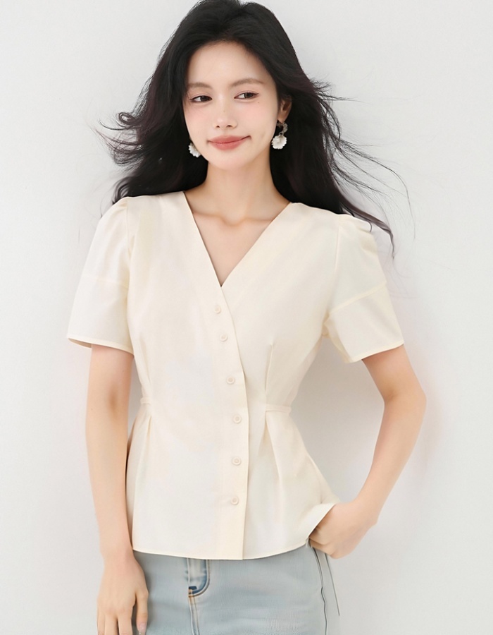Bubble slim tops V-neck small shirt for women