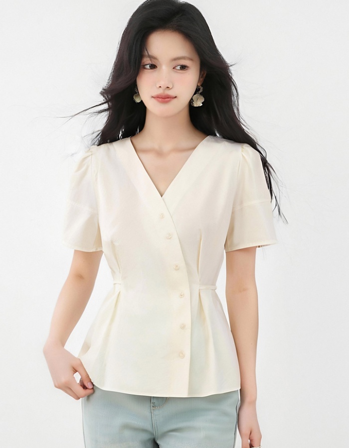Bubble slim tops V-neck small shirt for women
