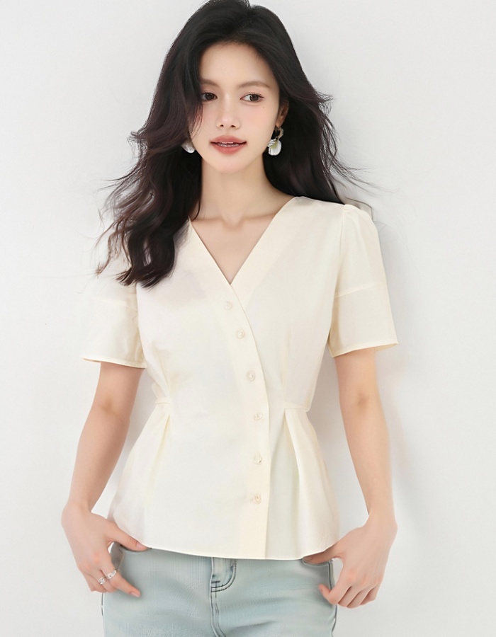Bubble slim tops V-neck small shirt for women