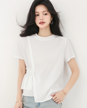 Summer irregular round neck T-shirt white pure cotton tops