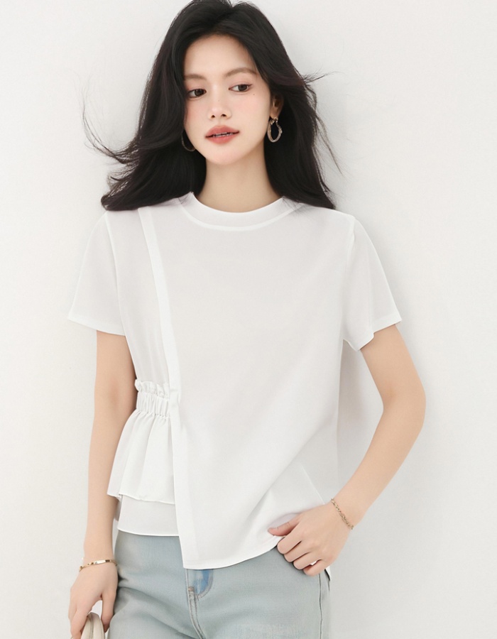 Summer irregular round neck T-shirt white pure cotton tops