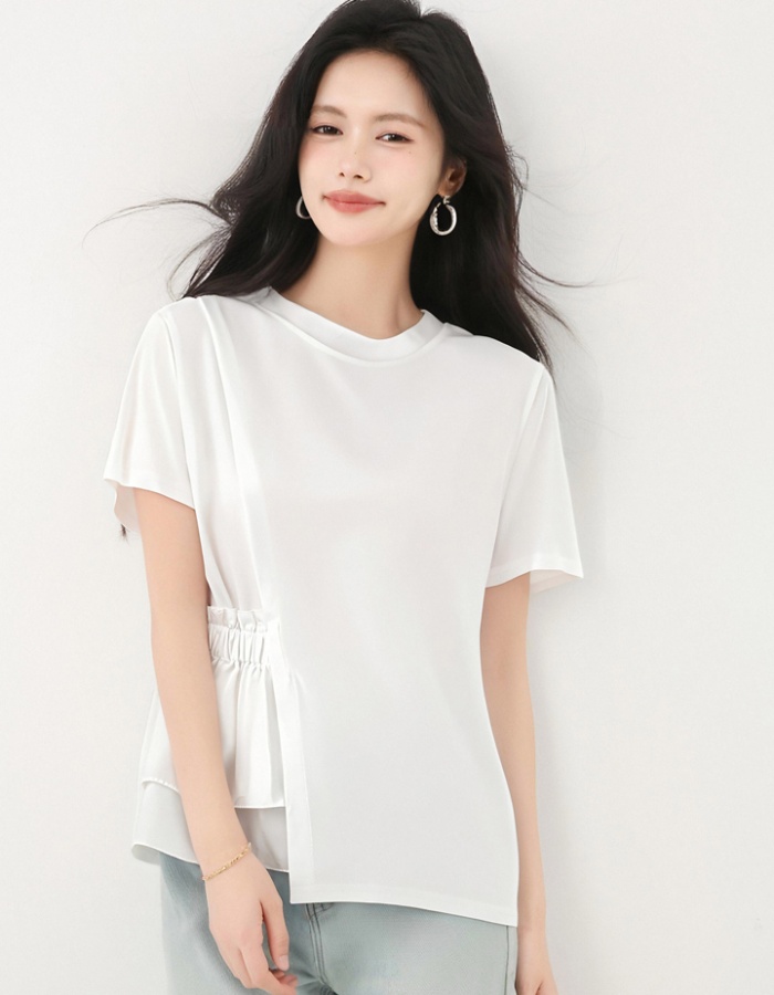 Summer irregular round neck T-shirt white pure cotton tops