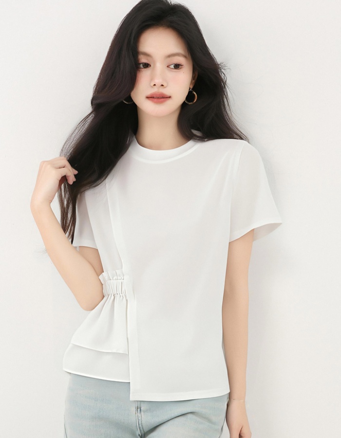 Summer irregular round neck T-shirt white pure cotton tops