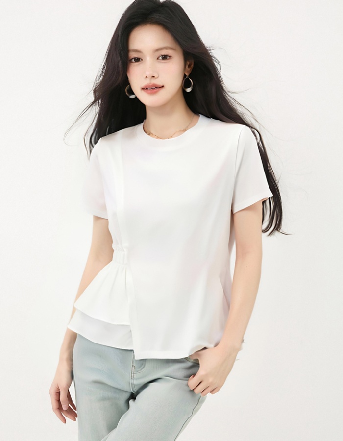 Summer irregular round neck T-shirt white pure cotton tops