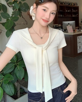 U-neck enticement slim tops short Pseudo-two shawl