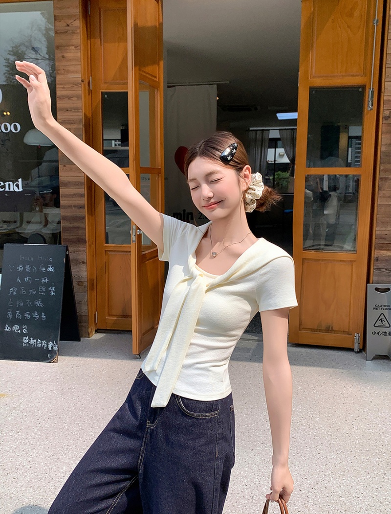 U-neck enticement slim tops short Pseudo-two shawl