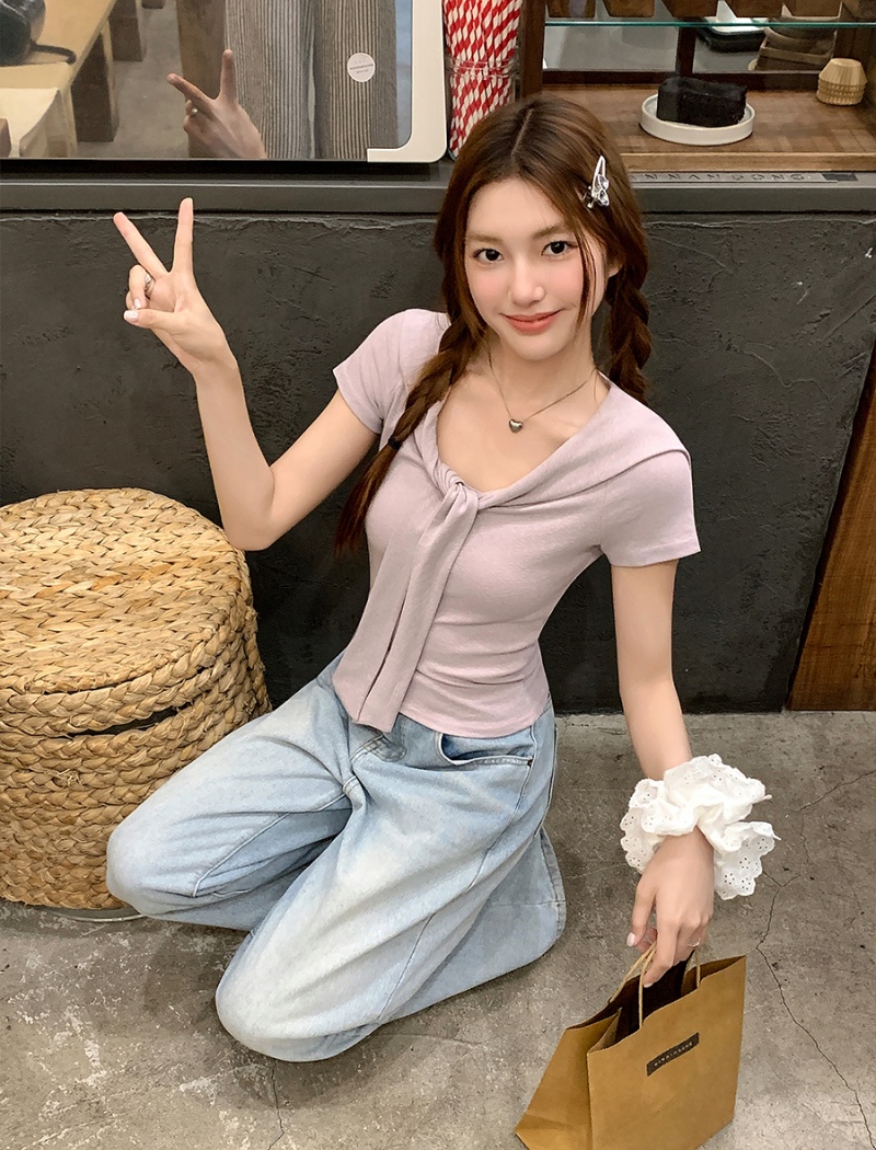 U-neck enticement slim tops short Pseudo-two shawl
