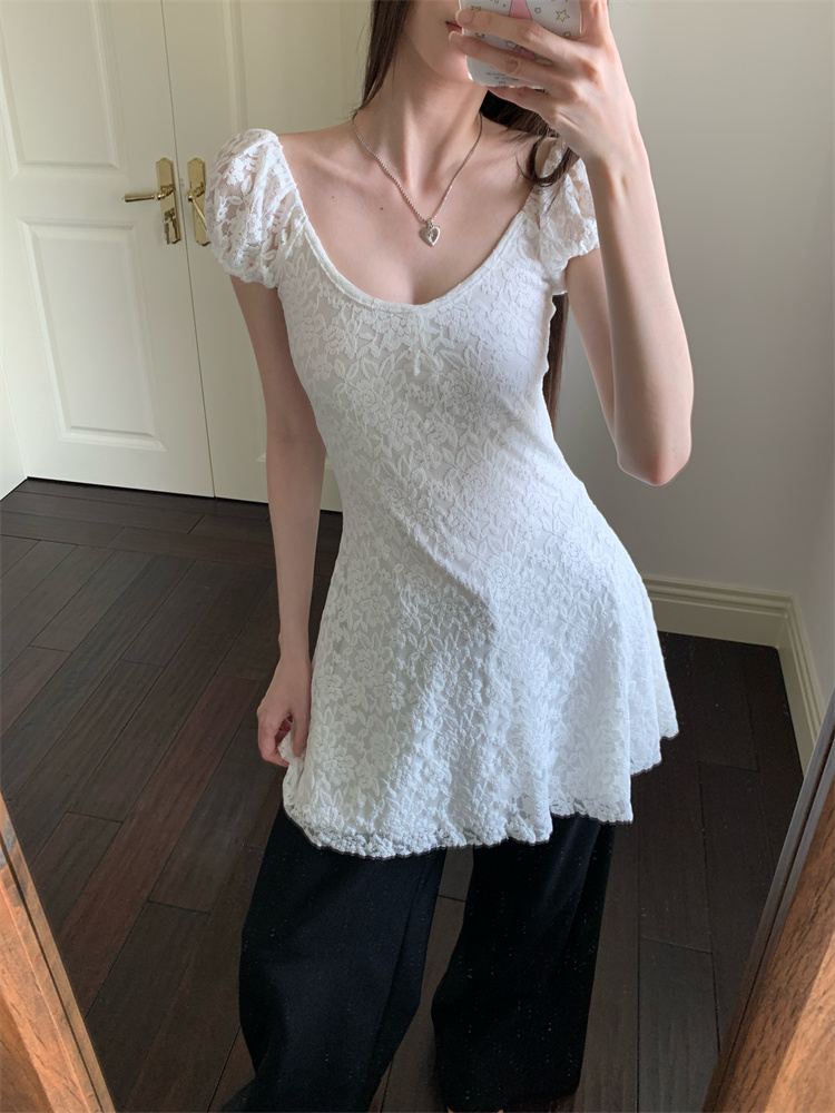 Summer slim pinched waist lace dress