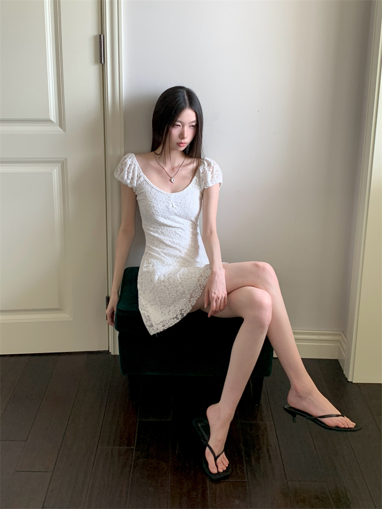 Summer slim pinched waist lace dress