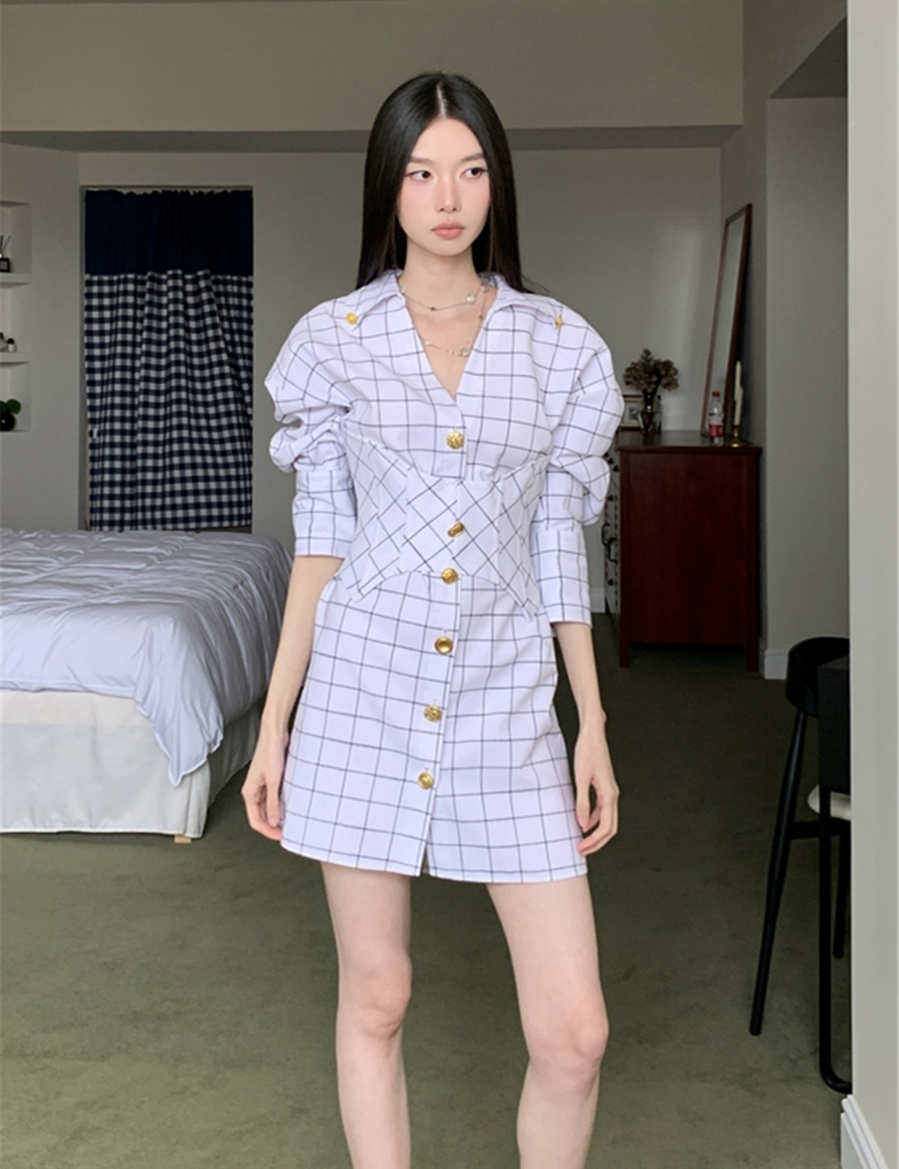 Retro pinched waist summer shirt slim A-line T-back