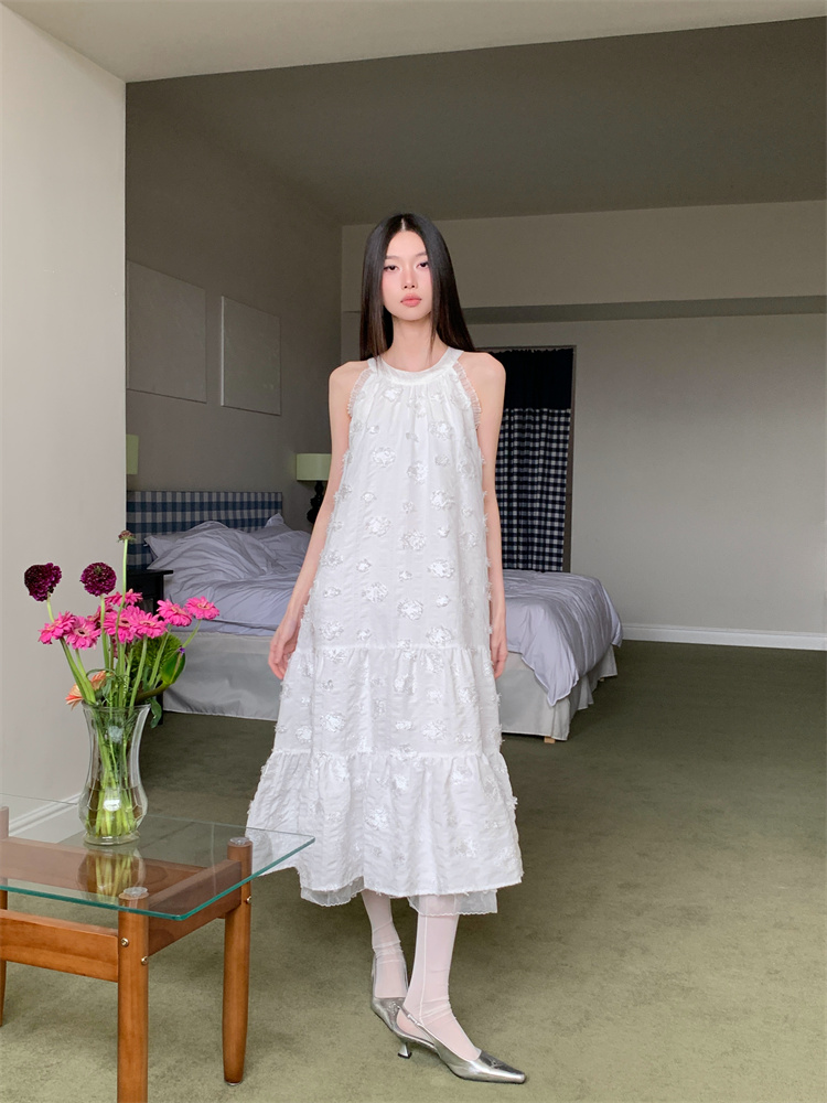 Halter white jacquard long dress France style tender jumpsuit