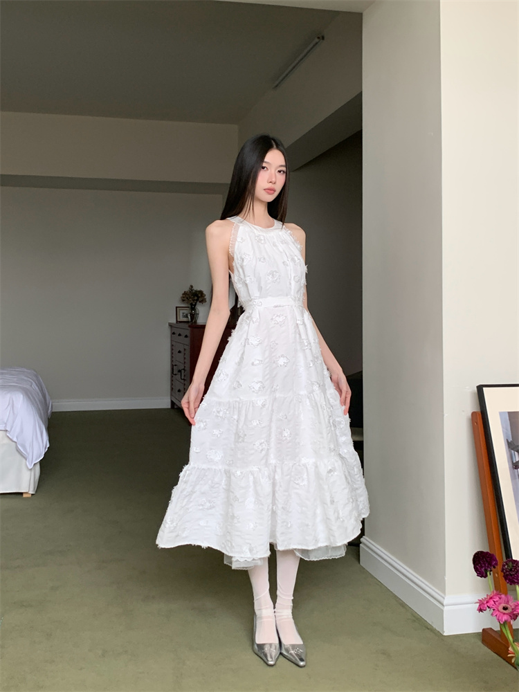Halter white jacquard long dress France style tender jumpsuit