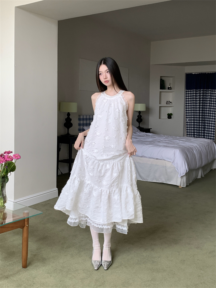 Halter white jacquard long dress France style tender jumpsuit
