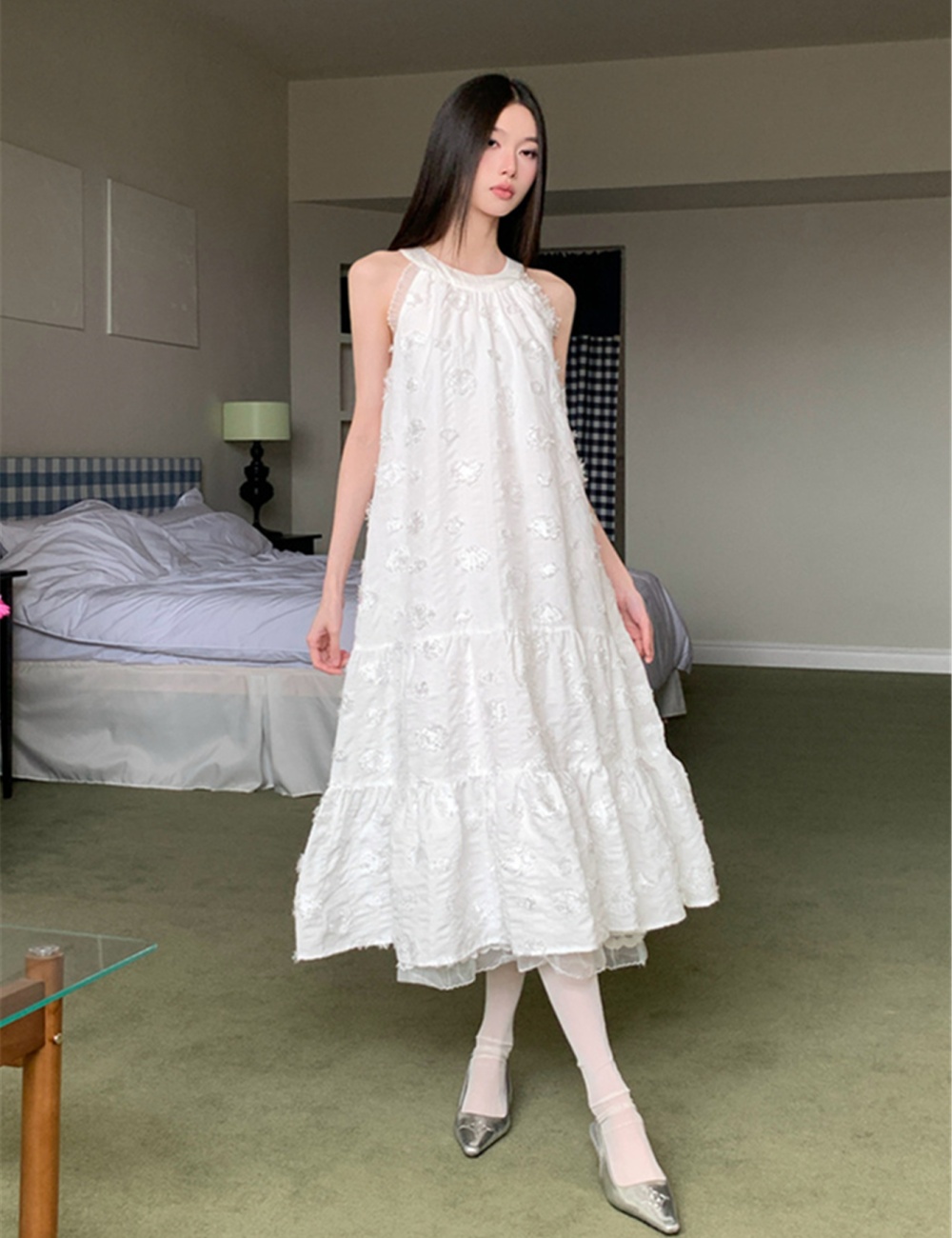 Halter white jacquard long dress France style tender jumpsuit