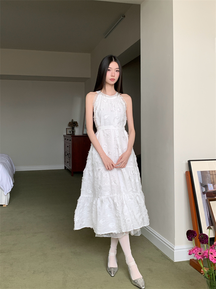 Halter white jacquard long dress France style tender jumpsuit