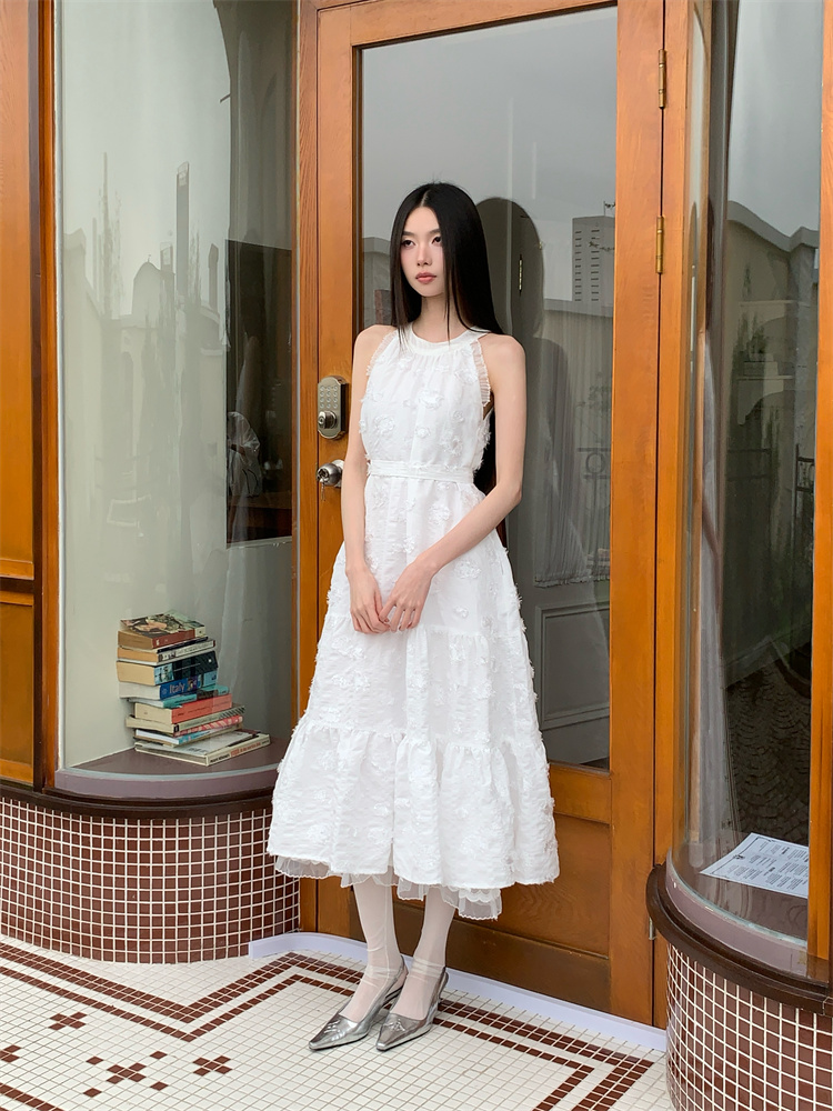 Halter white jacquard long dress France style tender jumpsuit