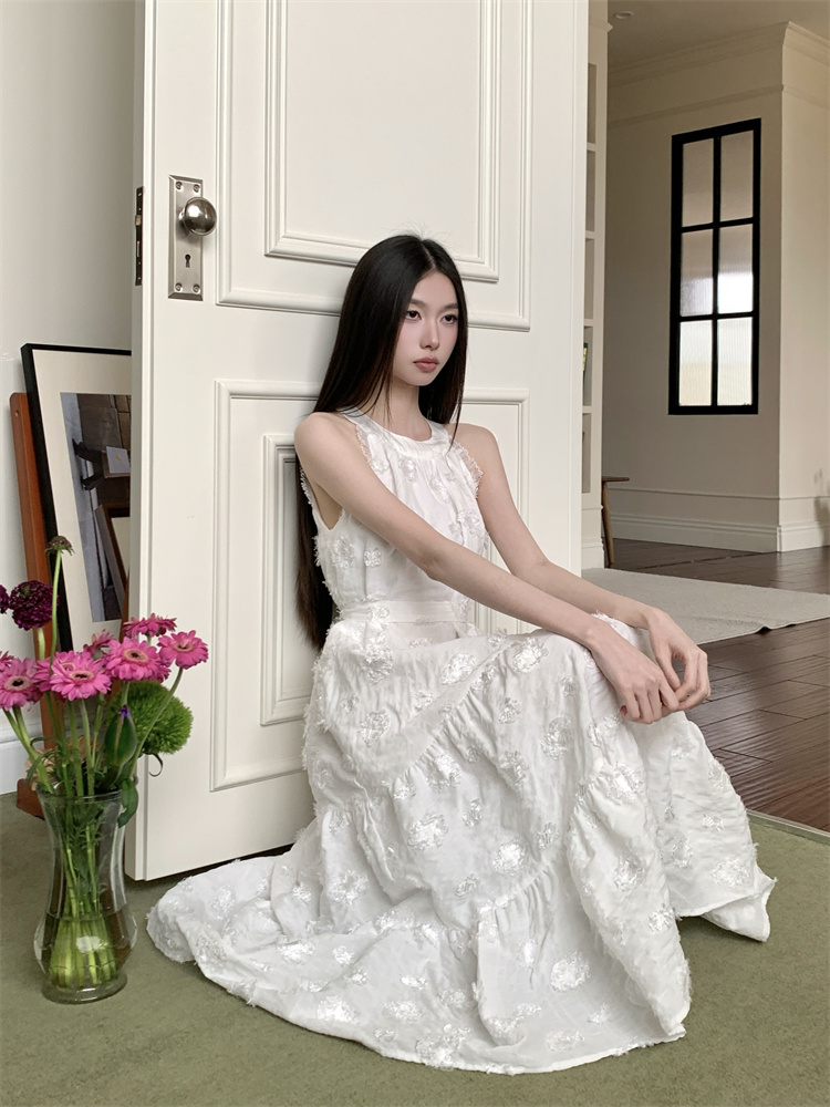 Halter white jacquard long dress France style tender jumpsuit