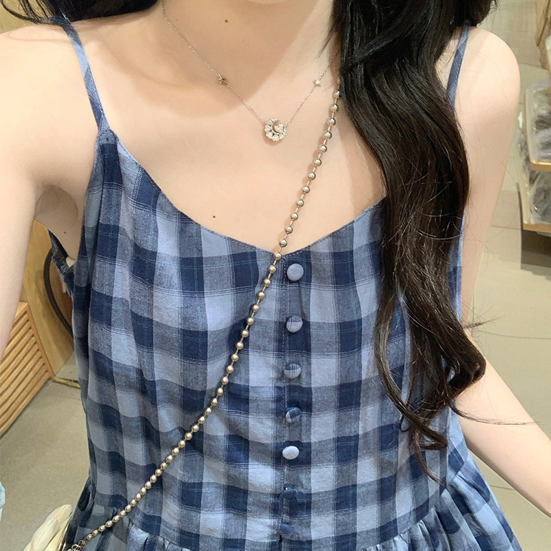 Loose show young summer long sling maiden plaid dress