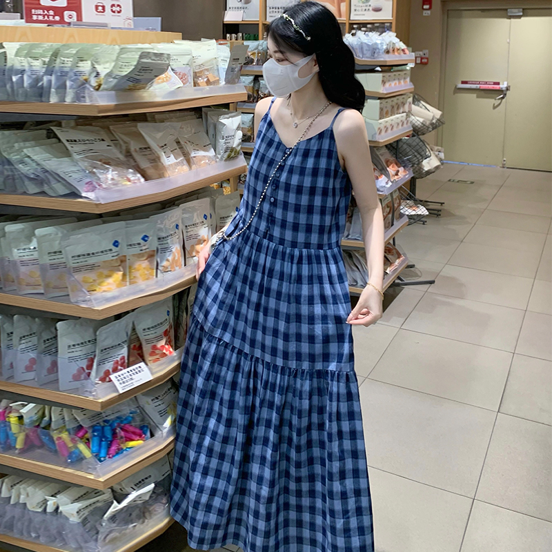 Loose show young summer long sling maiden plaid dress