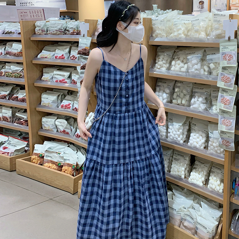 Loose show young summer long sling maiden plaid dress