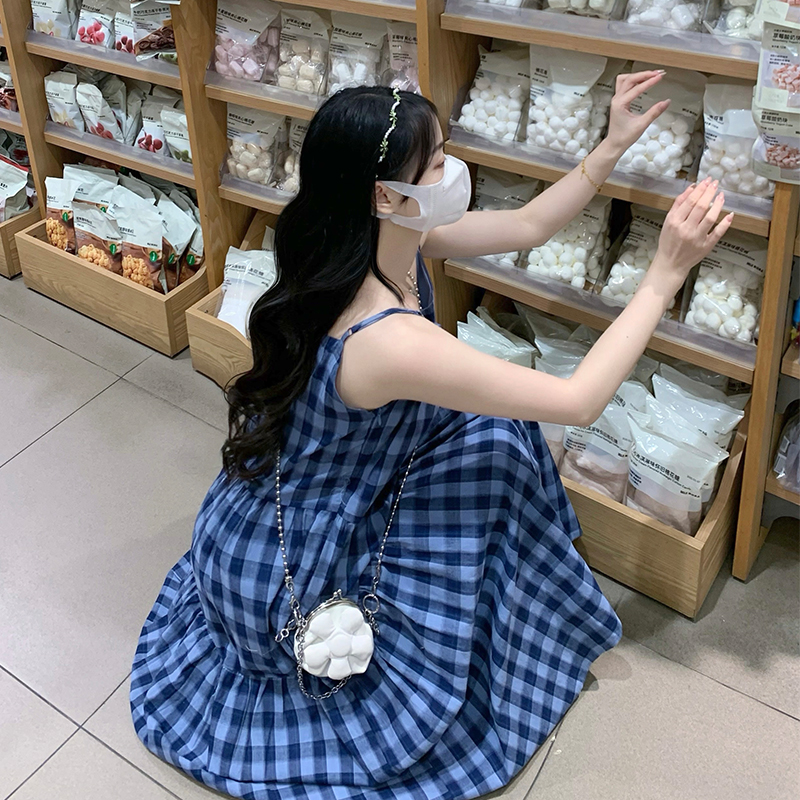 Loose show young summer long sling maiden plaid dress