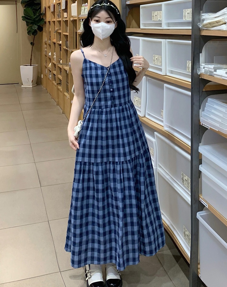 Loose show young summer long sling maiden plaid dress
