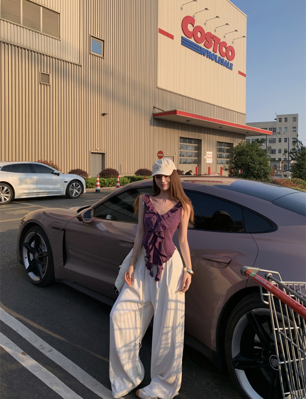 High waist long pants lotus leaf edges tops a set for women