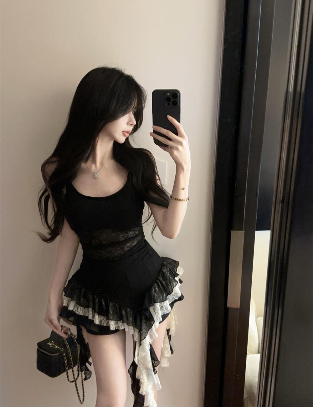 Enticement sling lace irregular stitching tops