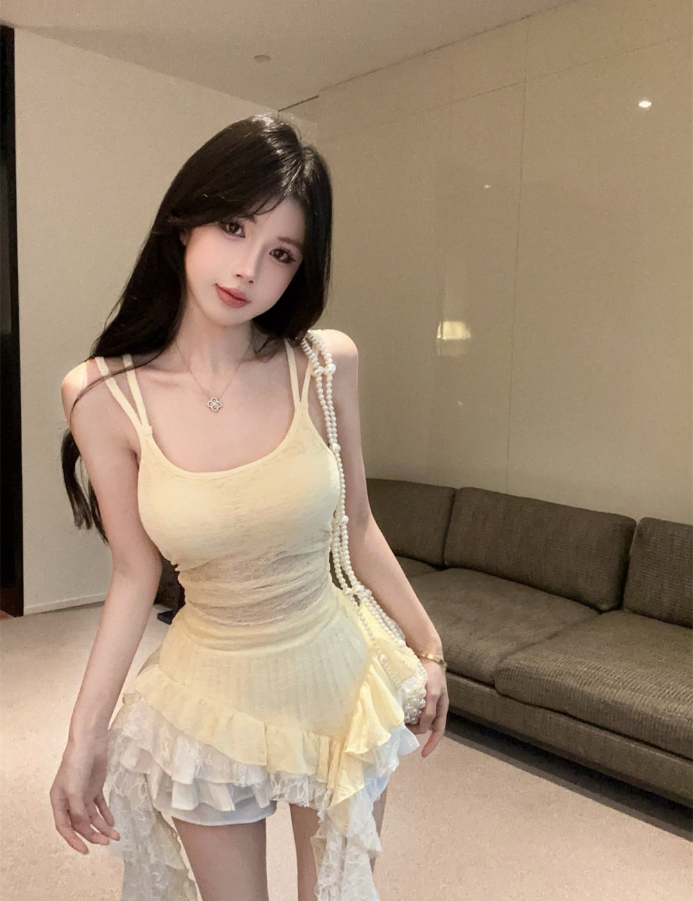 Enticement sling lace irregular stitching tops