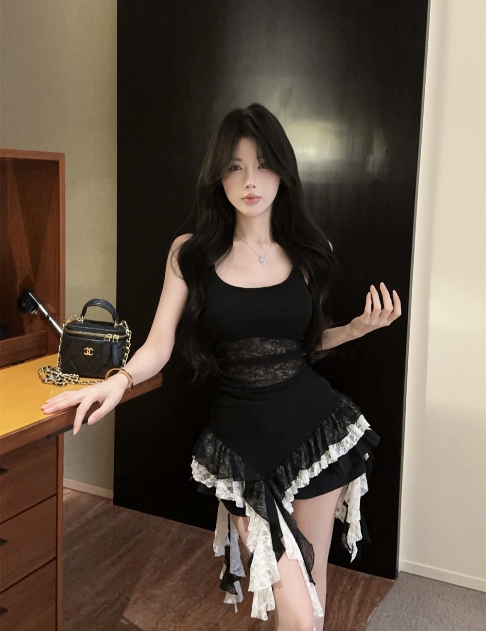Enticement sling lace irregular stitching tops