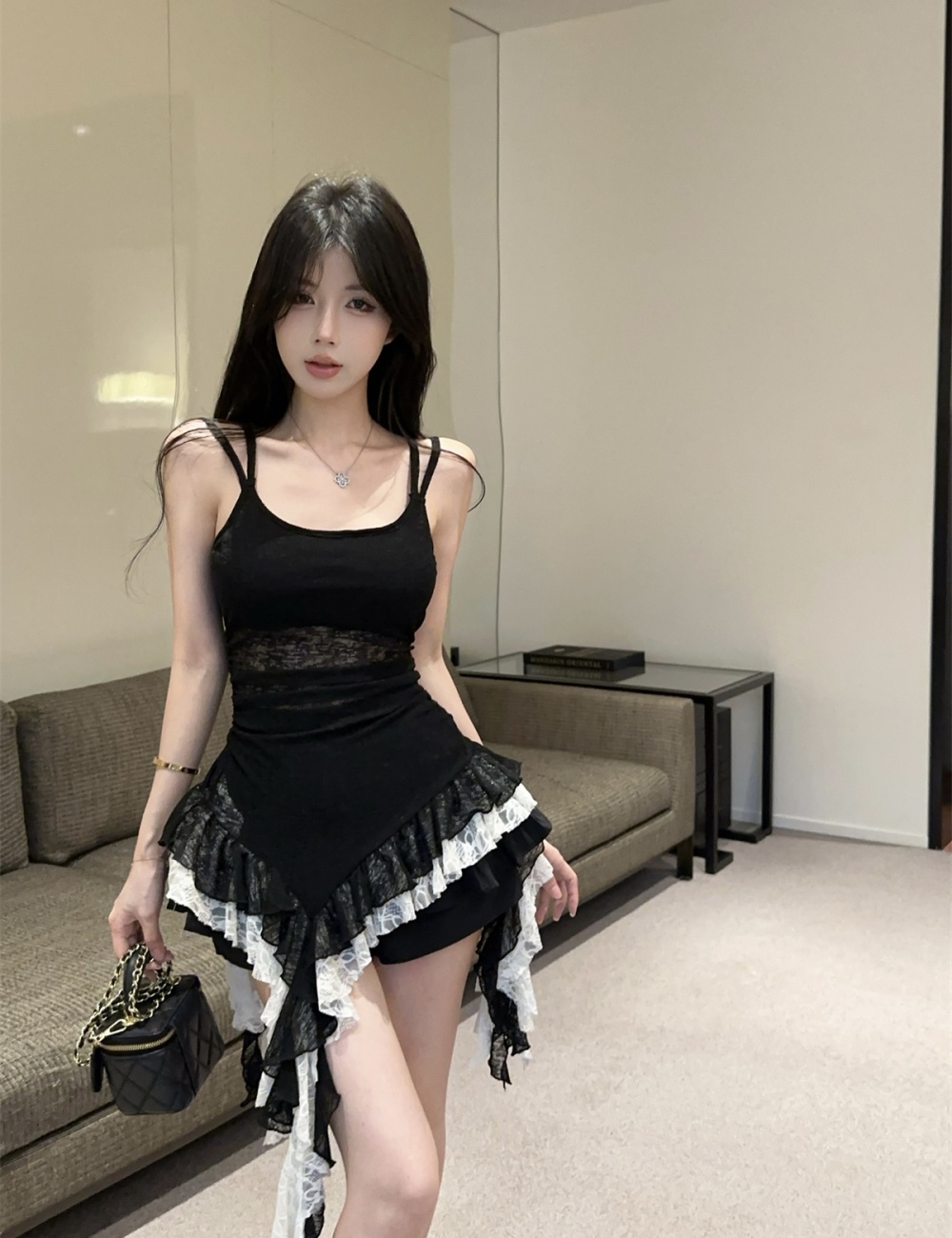 Enticement sling lace irregular stitching tops