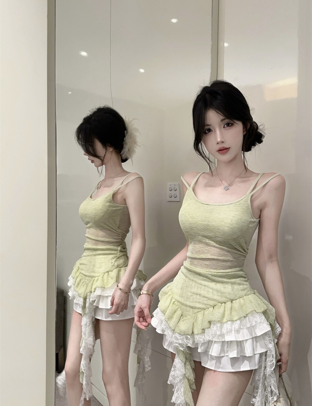 Enticement sling lace irregular stitching tops