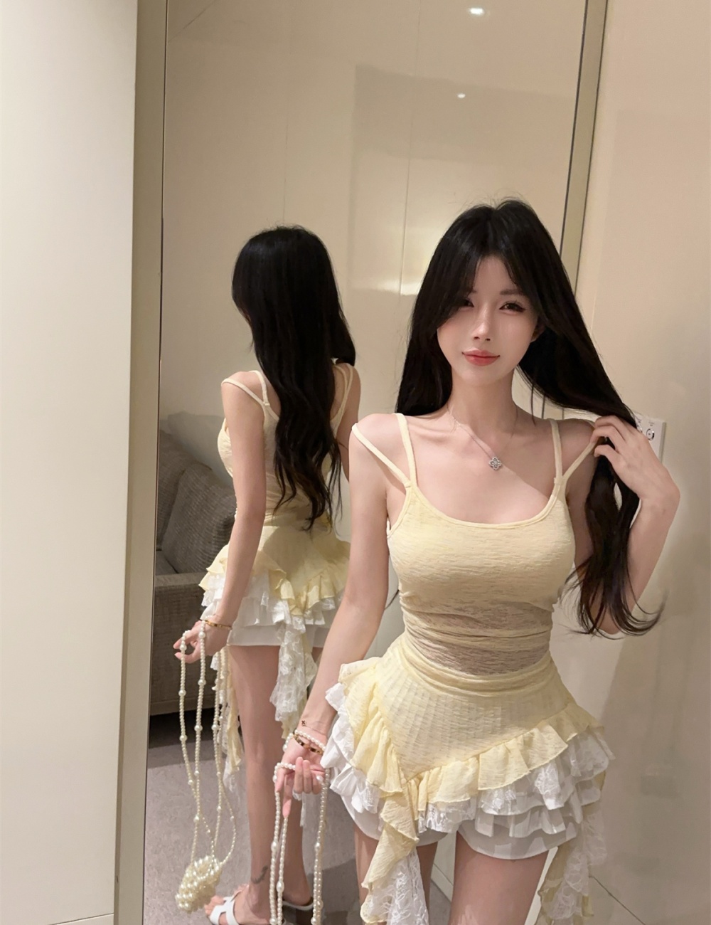 Enticement sling lace irregular stitching tops