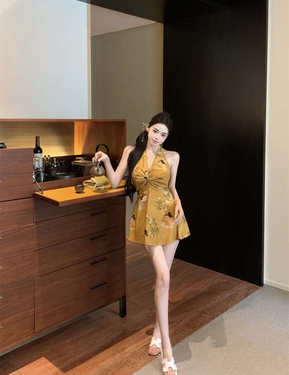 Western style halter summer V-neck printing tops for women