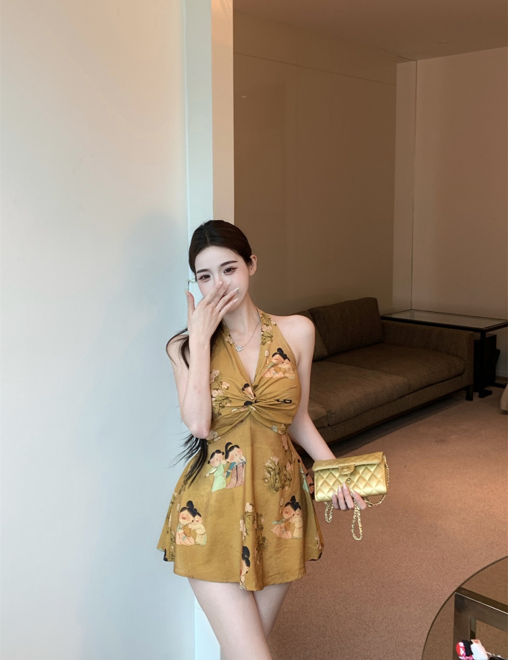 Western style halter summer V-neck printing tops for women