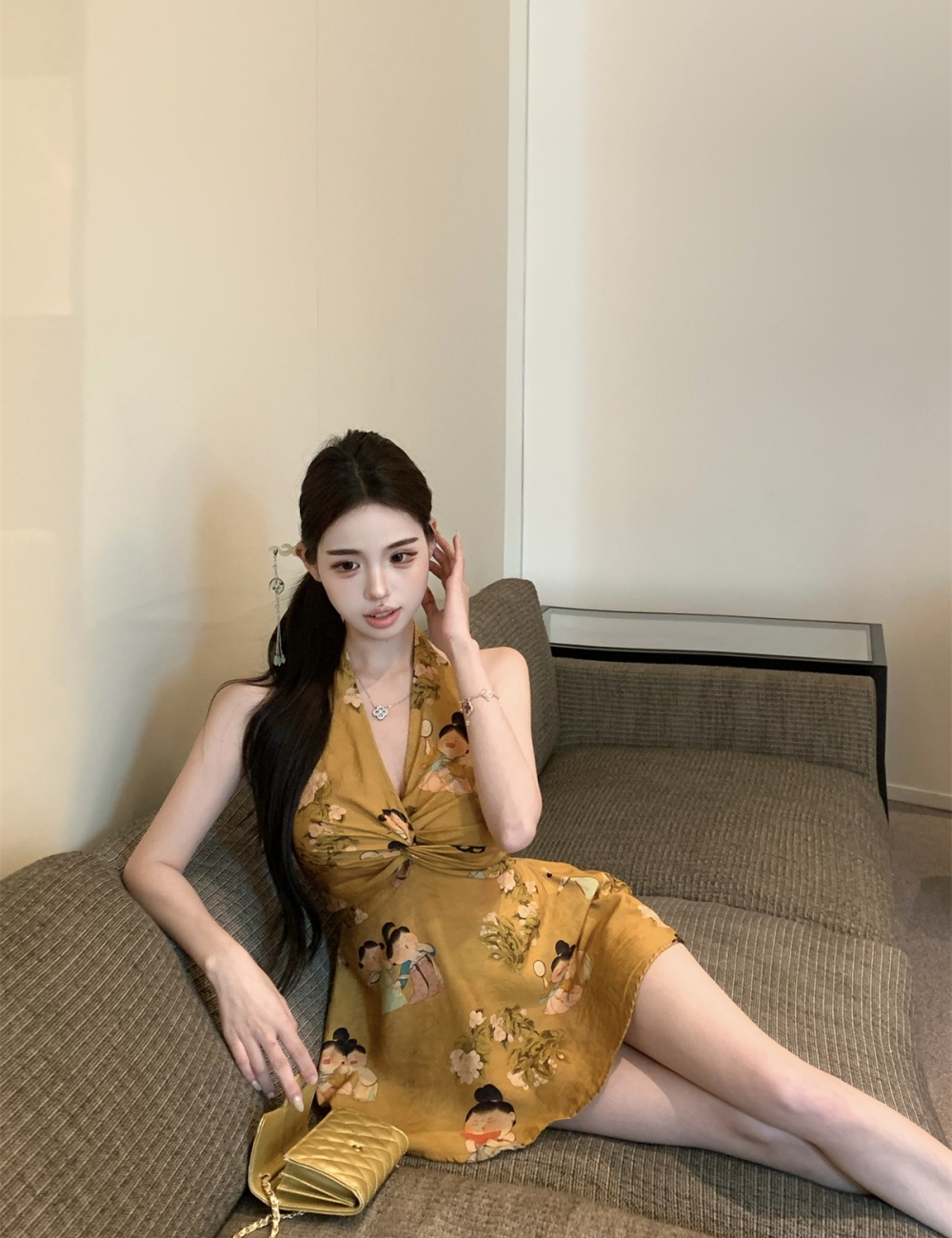 Western style halter summer V-neck printing tops for women