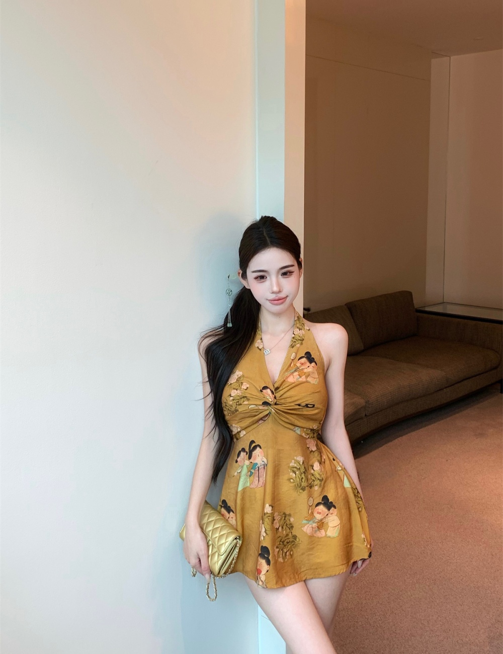 Western style halter summer V-neck printing tops for women