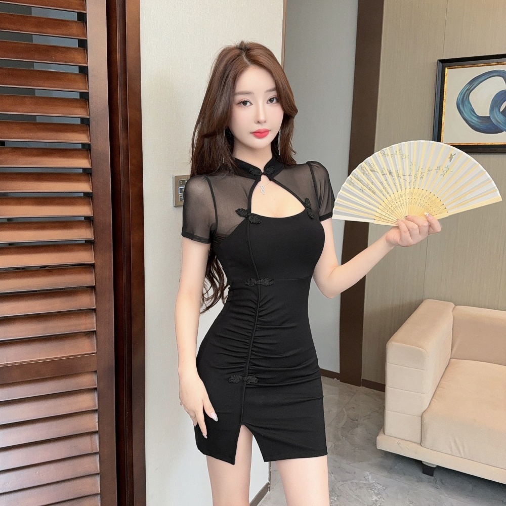 Perspective tight short elegant short sleeve gauze black dress