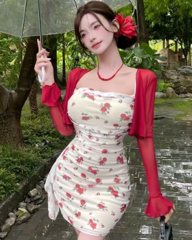 All-match gauze slim printing sexy dress 2pcs set