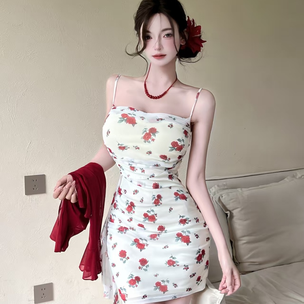 All-match gauze slim printing sexy dress 2pcs set