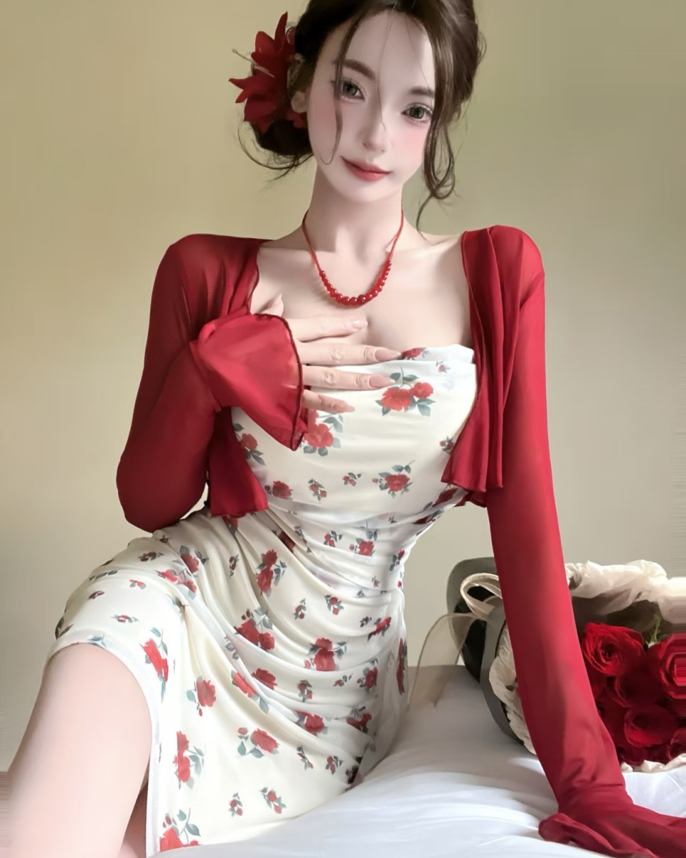 All-match gauze slim printing sexy dress 2pcs set