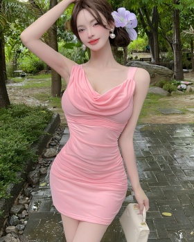 Splice gauze strap dress tassels package hip dress