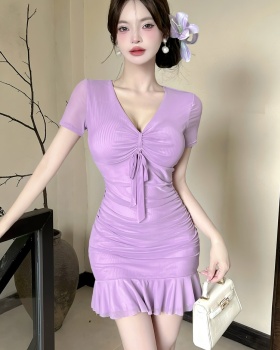 Drawstring lotus leaf edges gauze bottoming dress