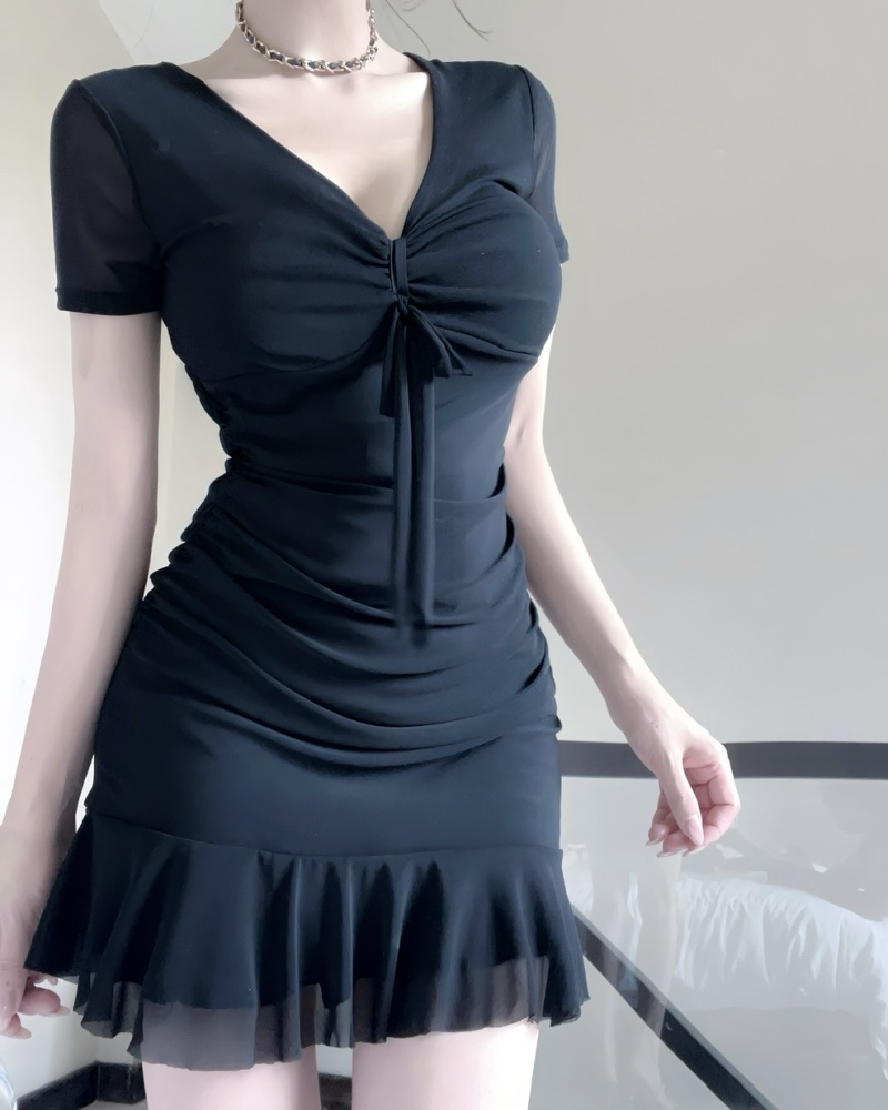 Drawstring lotus leaf edges gauze bottoming dress