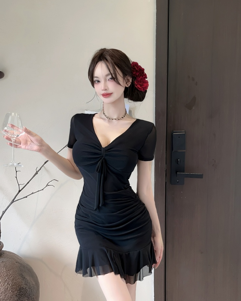 Drawstring lotus leaf edges gauze bottoming dress