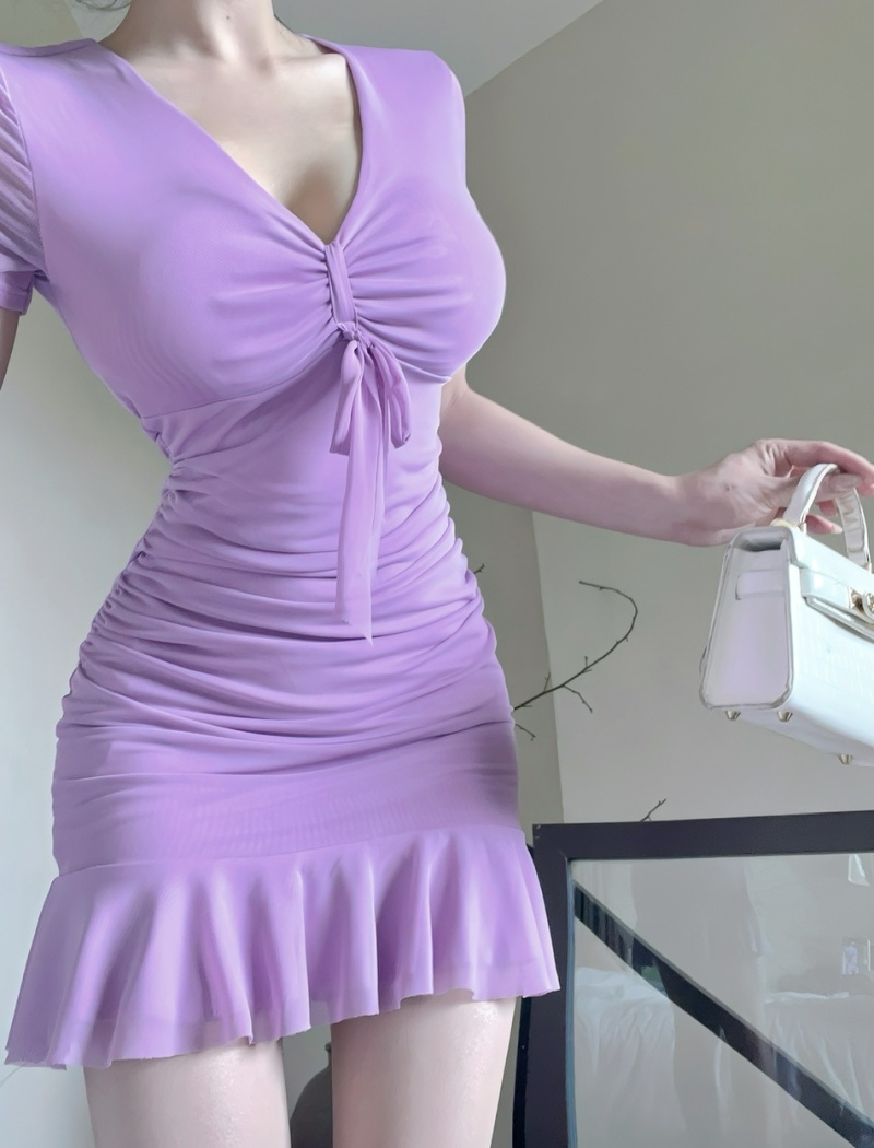 Drawstring lotus leaf edges gauze bottoming dress