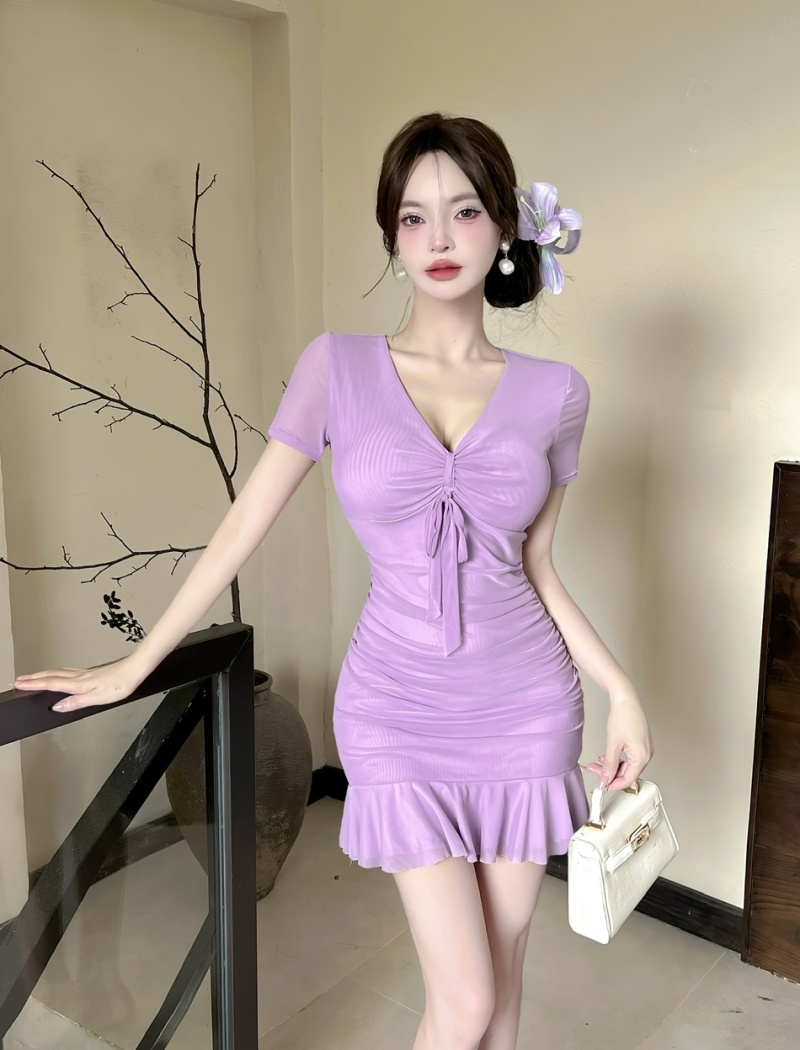 Drawstring lotus leaf edges gauze bottoming dress