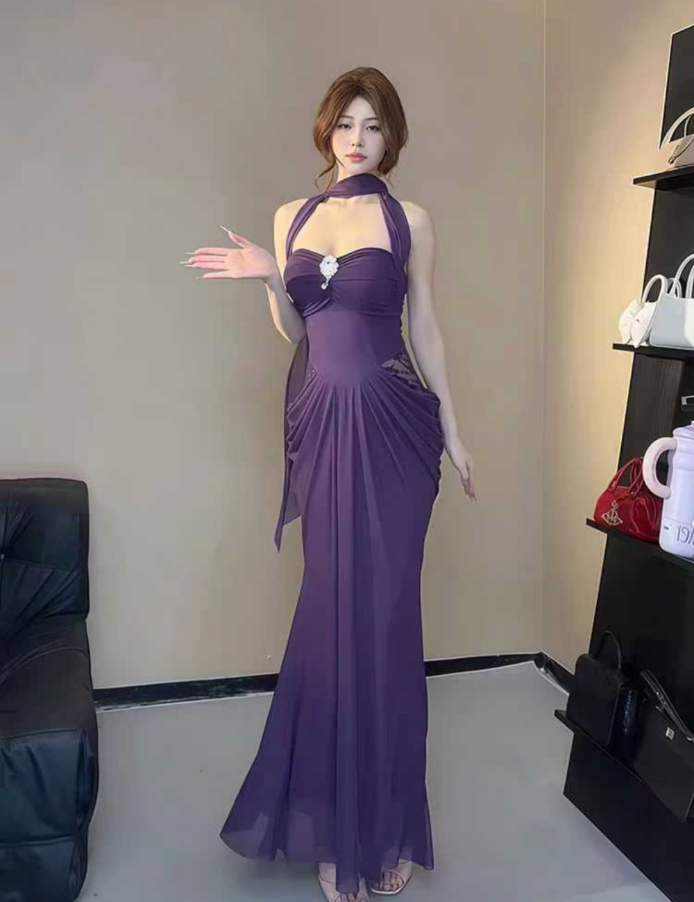 Hollow unique sexy dress splice slim temperament long dress