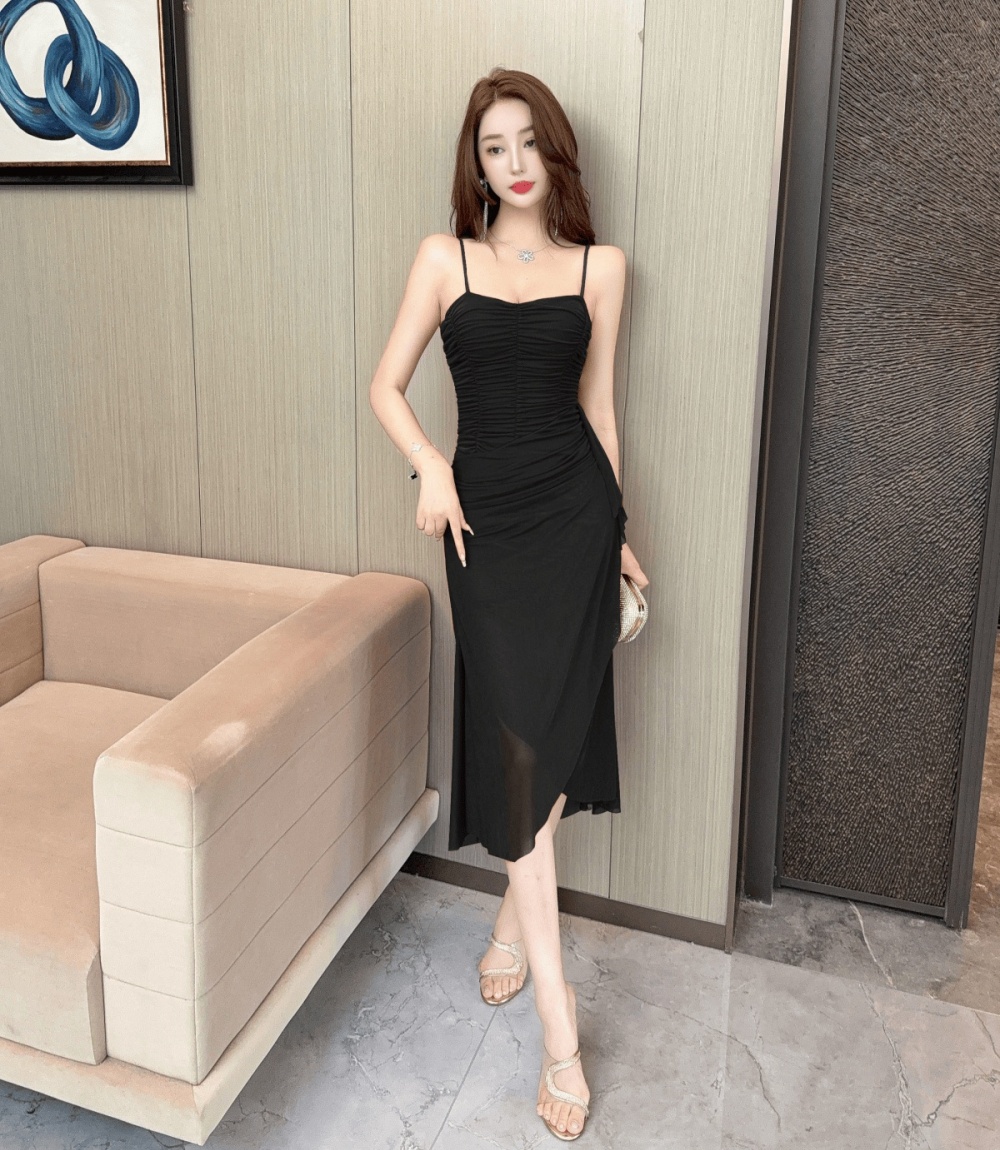 Sling irregular long split splice dress