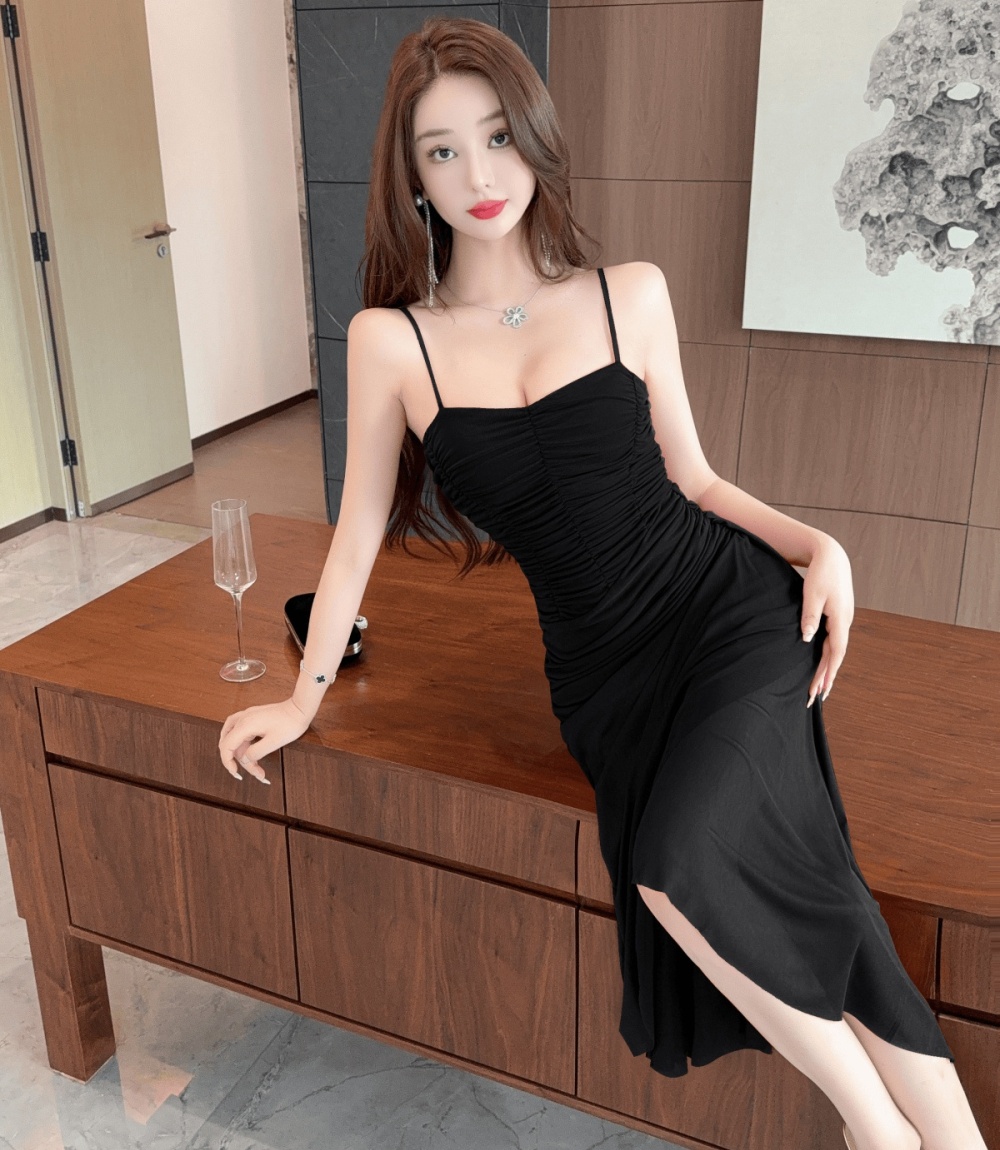 Sling irregular long split splice dress